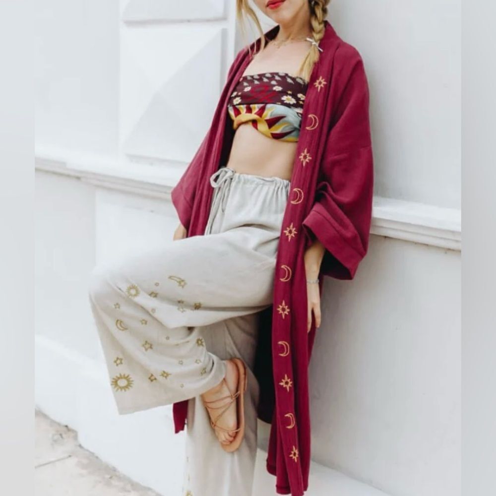 Nana Mintsita Deep Pink & Gold Mother Love Celestial Handmade Long Kimono Duster